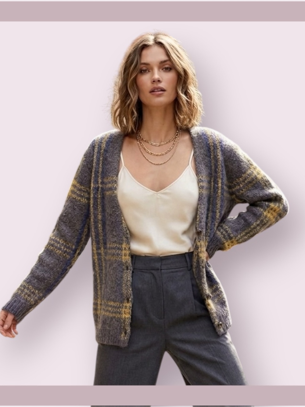 JOA Los Angeles Plaid Wool Fuzzy Cardigan